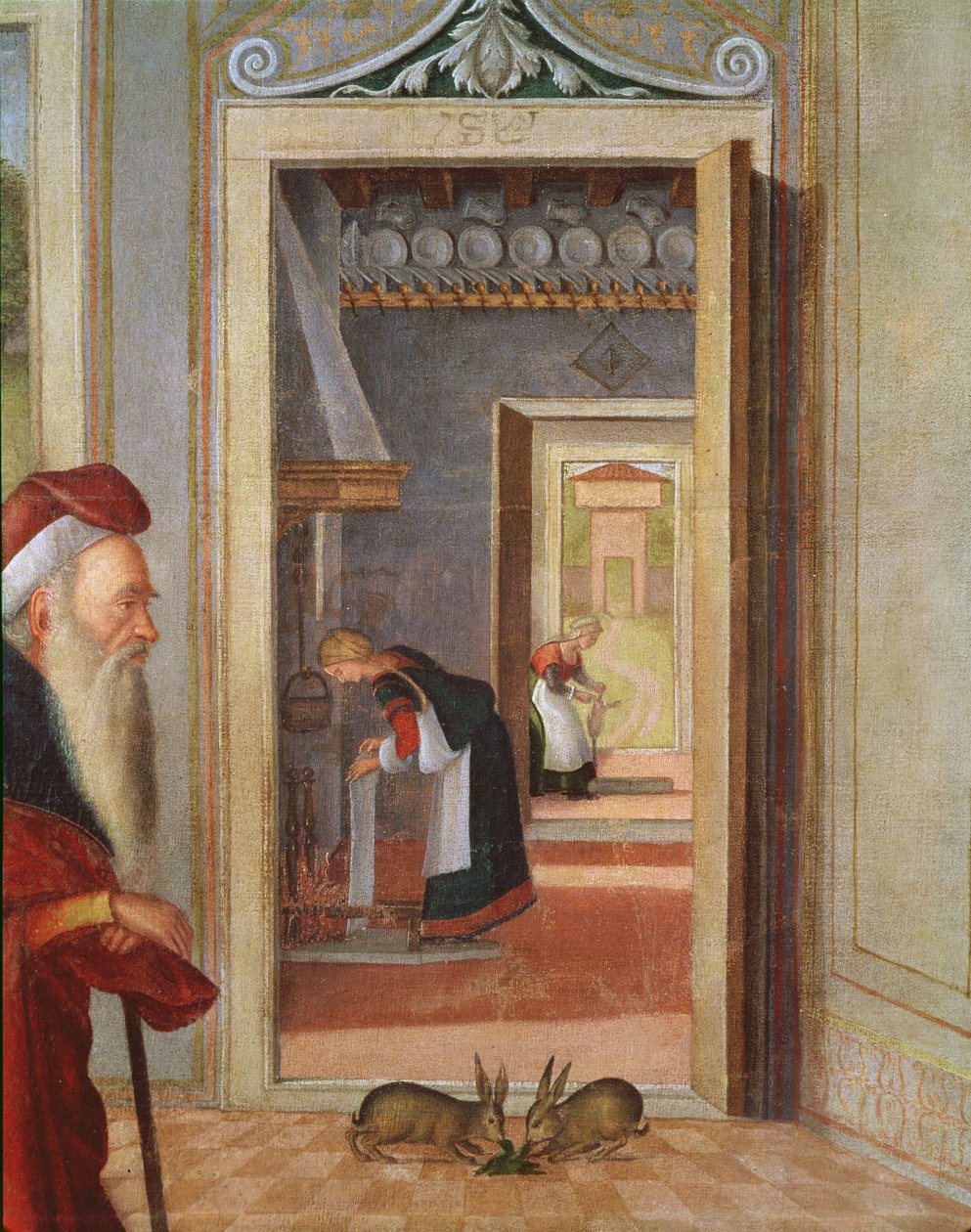 El nacimiento de la Virgen, detalle de los sirvientes en el fondo, 1504-08 (detalle) de Vittore Carpaccio