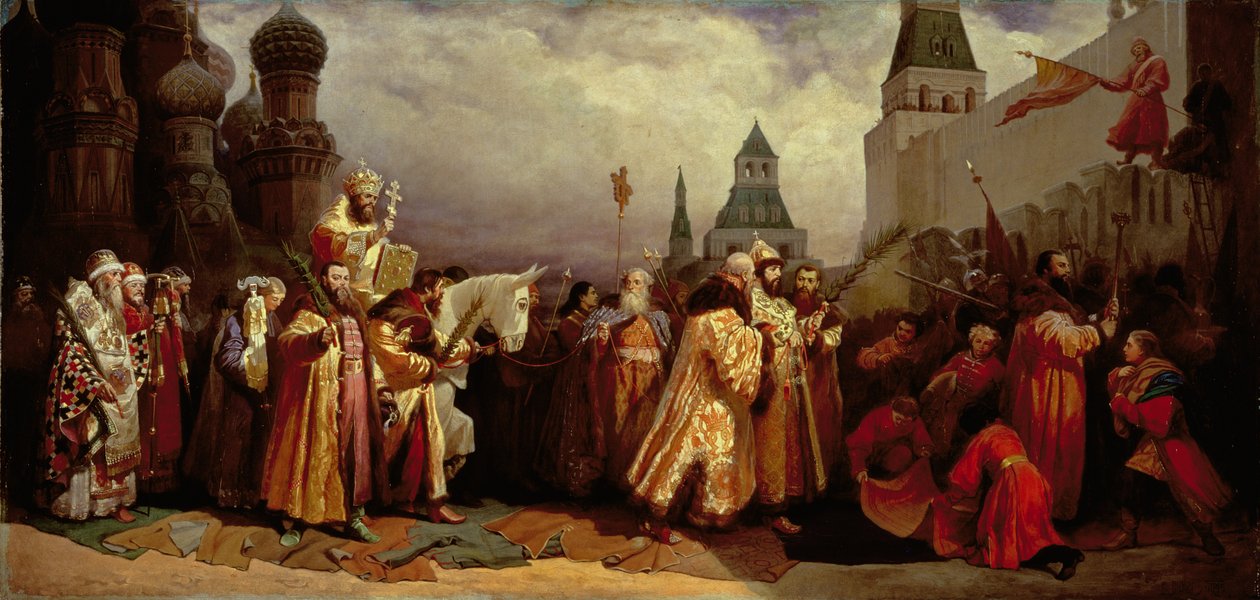 Domingo de Ramos en Moscú con el Zar Alexei Mikhailovich (1629-76) en una procesión patriarcal, 1865 de Vyacheslav Grigorievich Shvarts