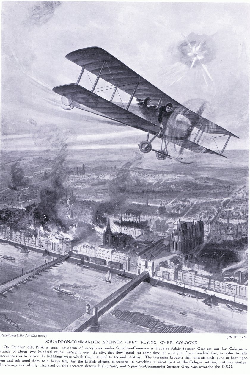 El comandante de escuadrón Spenser Grey galardonado con la DSO por volar sobre Colonia y bombardear una estación de ferrocarril militar en octubre de 1914 de W. Avis