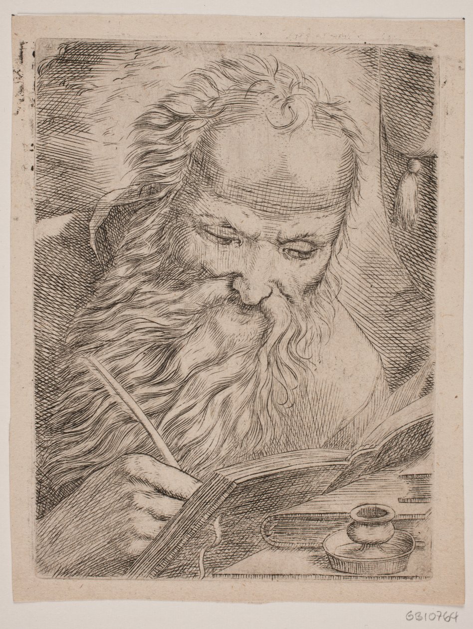 Un anciano escribiendo en un libro de W.A. Müller