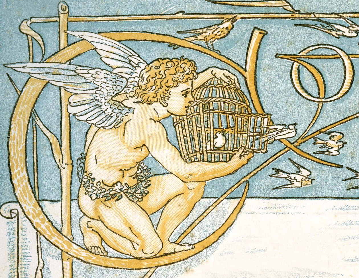 Ángel ofreciendo una jaula de mimbre con una puerta abierta permitiendo que los pájaros cantores escapen, diseño de la página de contenido de 