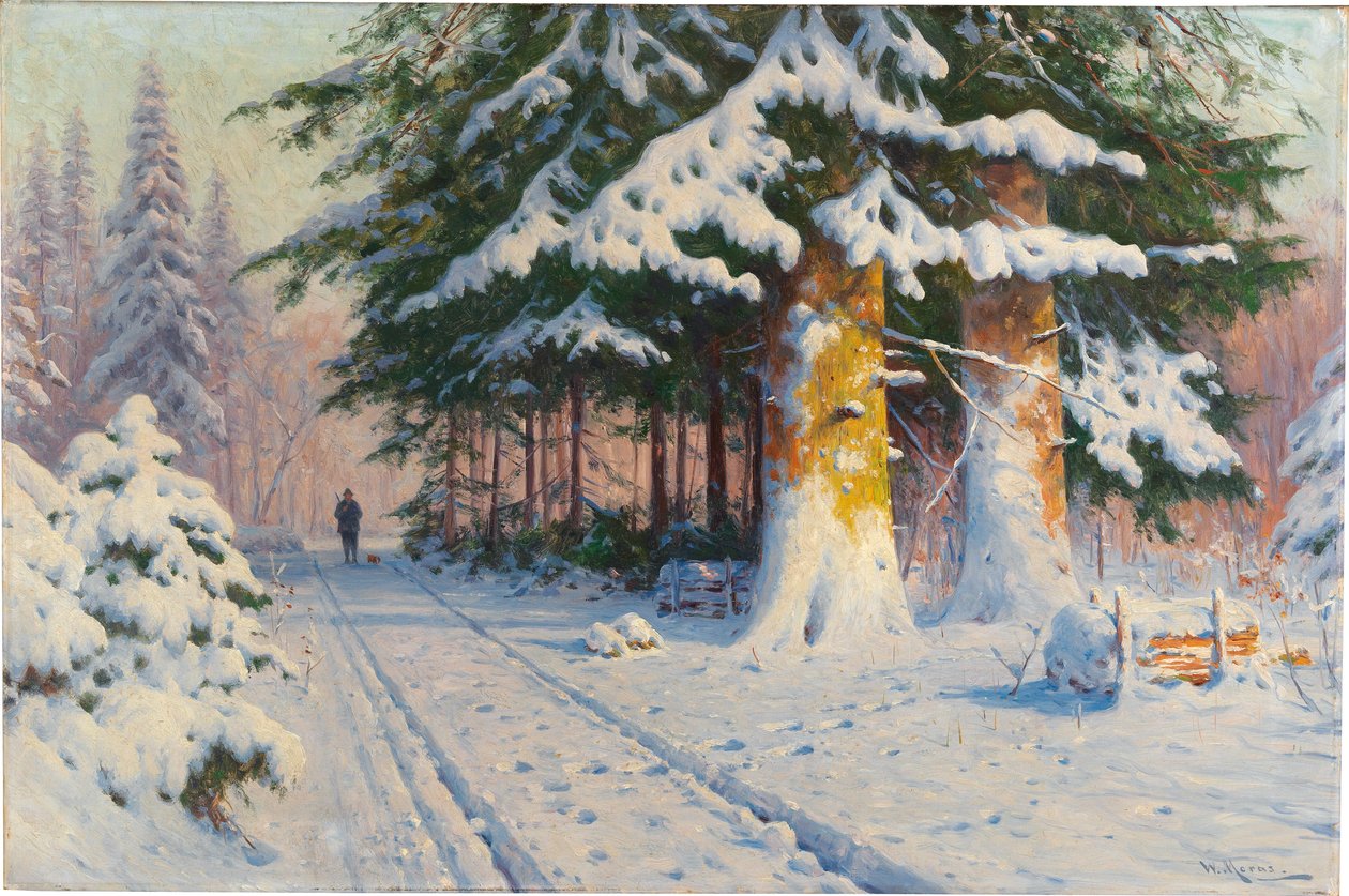 Cazador regresando a casa en un bosque invernal de Walter Moras