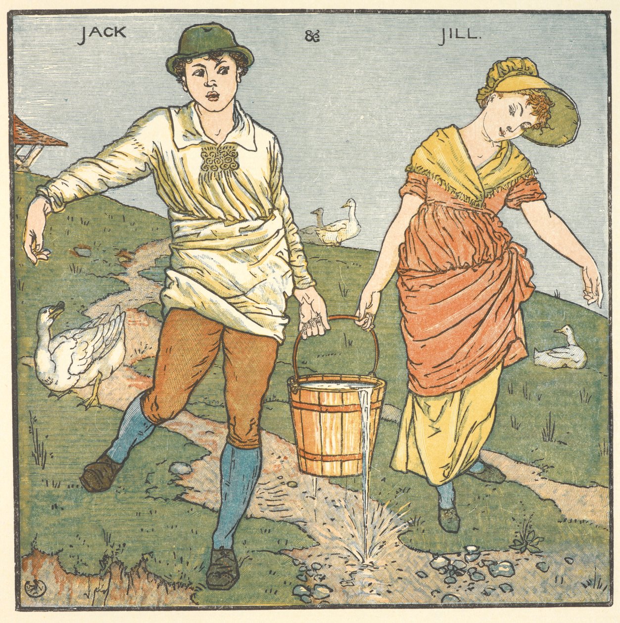 Ilustración en color de "Jack and Jill". de Walter Crane