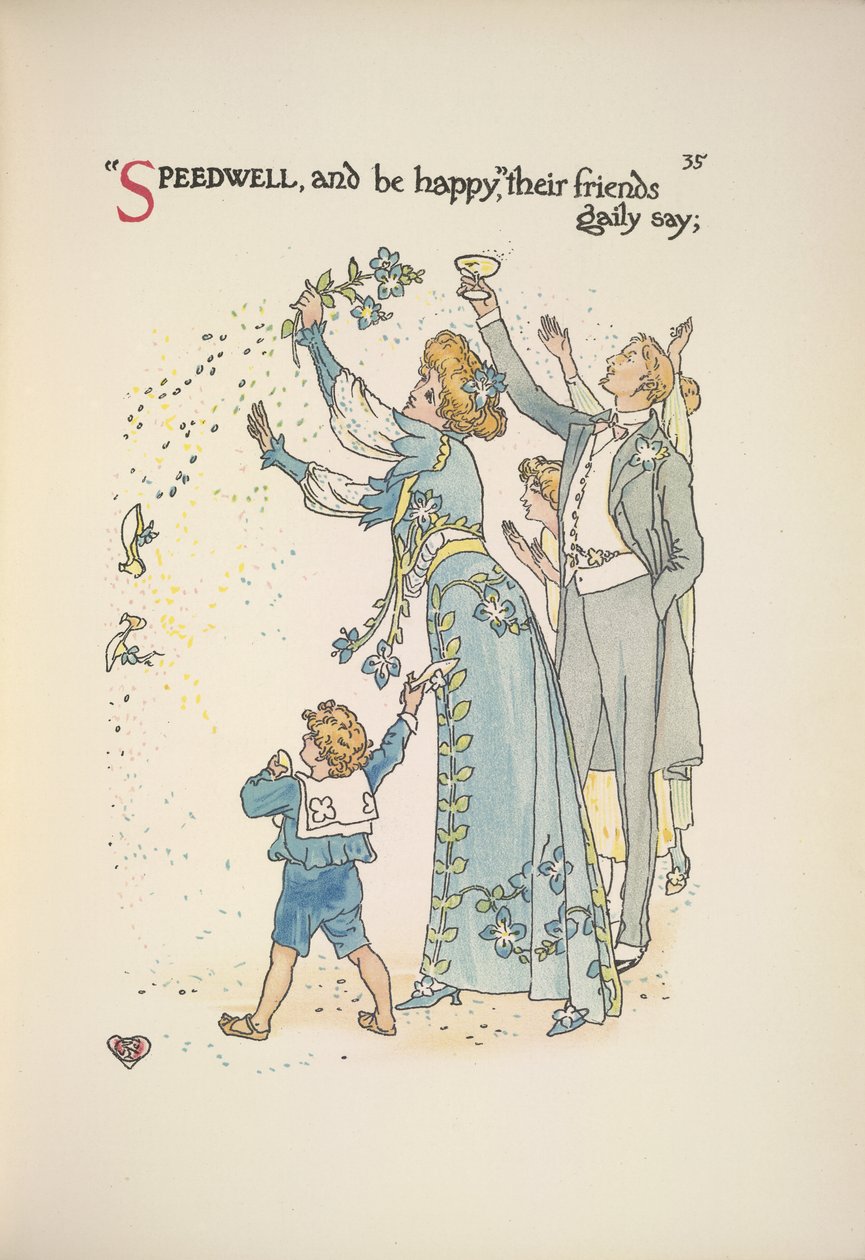 Speedwell. Los invitados a la boda lanzando confeti de Walter Crane