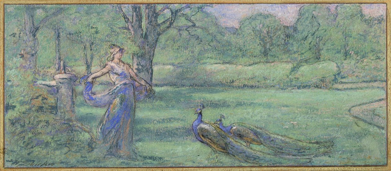 Mujer con pavos reales en un jardín de Walter Shirlaw