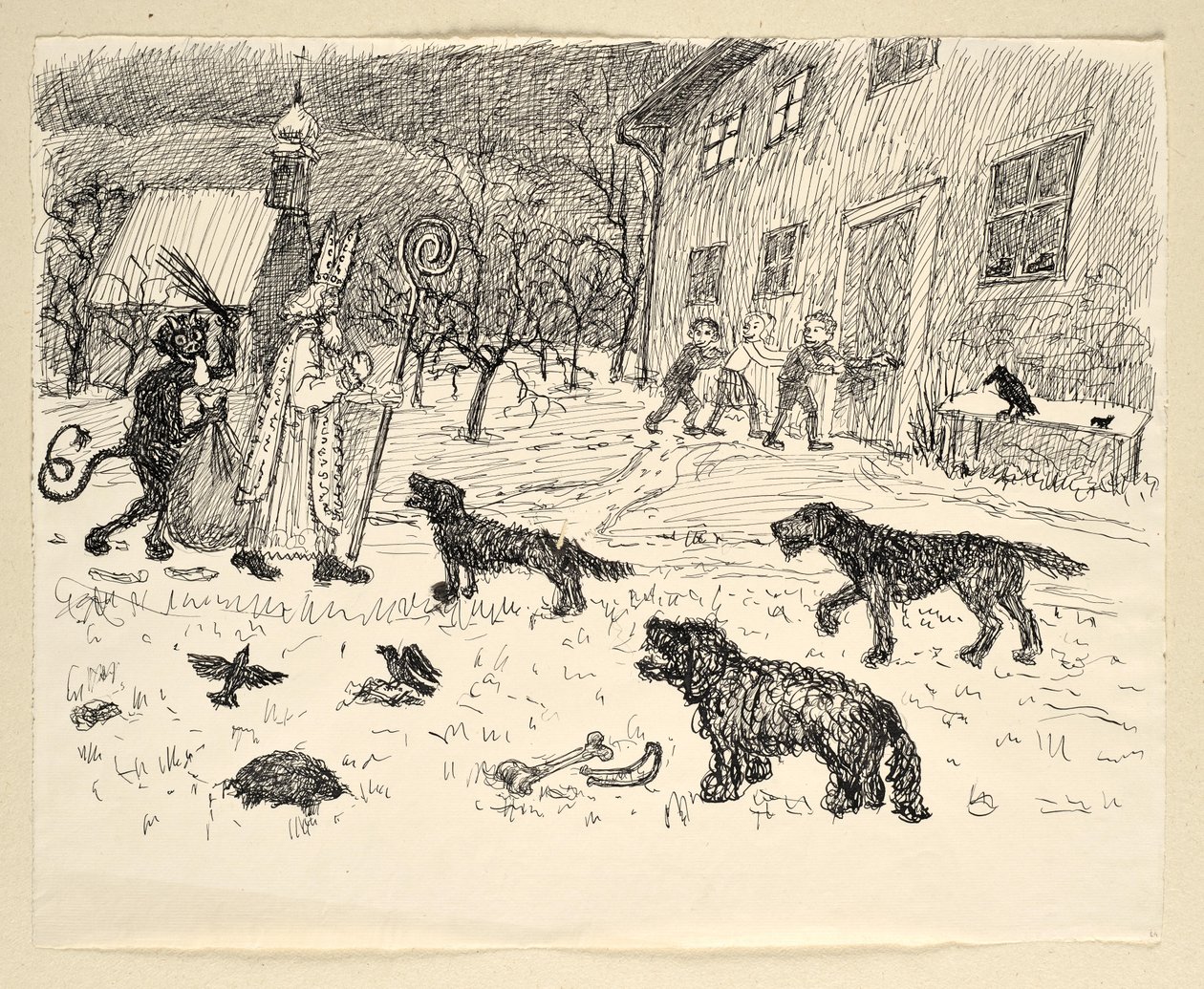 San Nicolás y Krampus en el campo con niños de Walther Gamerith