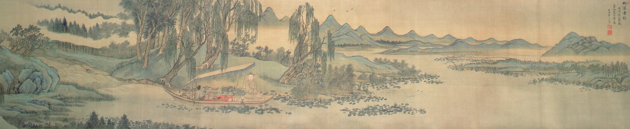 Pergamino de mano que representa un paisaje con el poema colofón, Pescando en el Arroyo del Sauce, chino, 1706 de Wang Hui