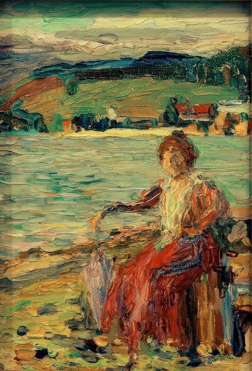 Con vestido rojo en la orilla del lago de Wassily Kandinsky