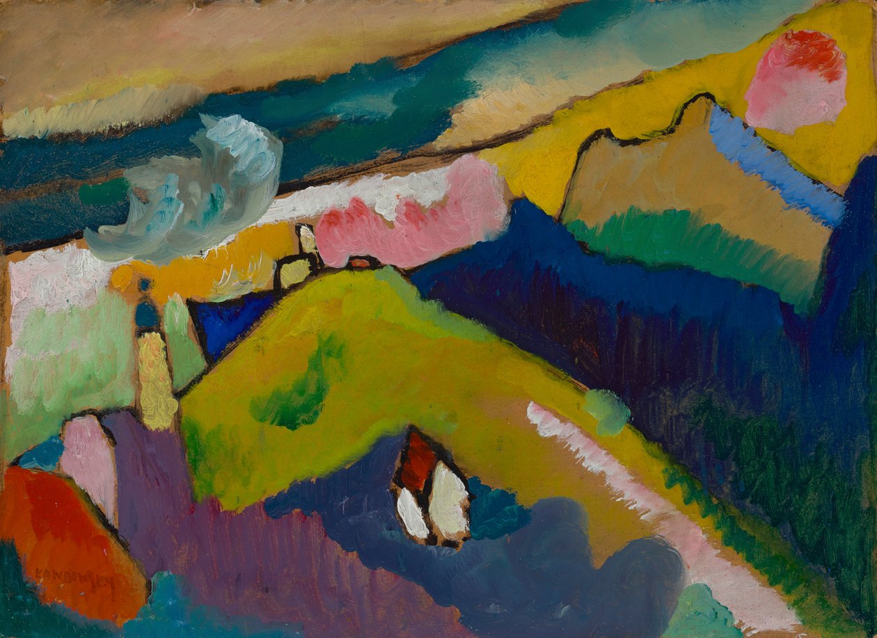 Murnau - paisaje de montaña con iglesia de Wassily Kandinsky