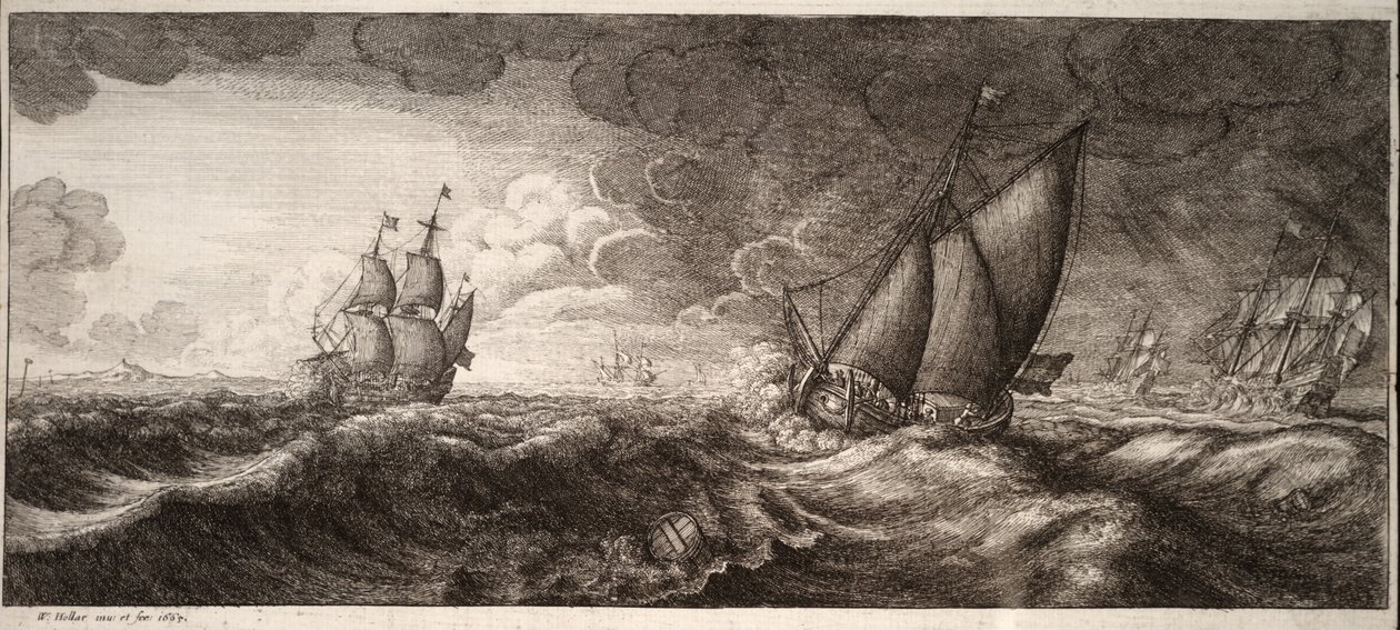 Un yate y tres buques de guerra en una tormenta. Estado 1 de Wenceslaus Hollar