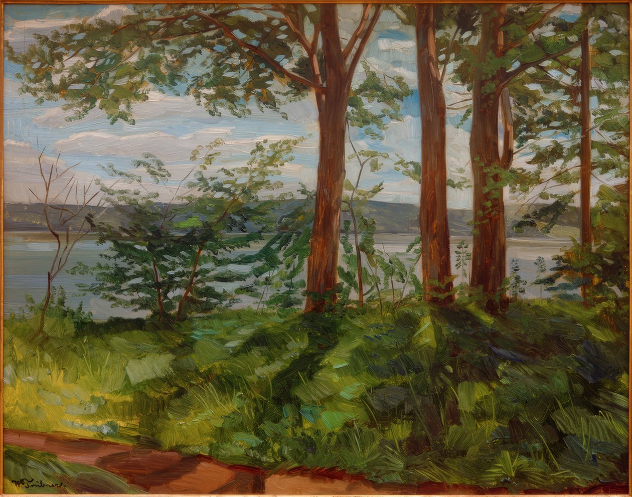 Paisaje en el lago Starnberg con tres árboles de Wilhelm Trübner