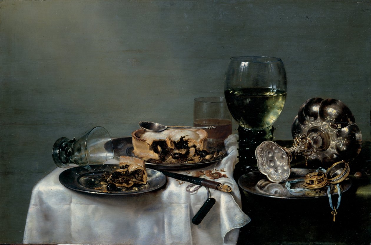 Mesa de desayuno con pastel de moras de Willem Claesz. Heda
