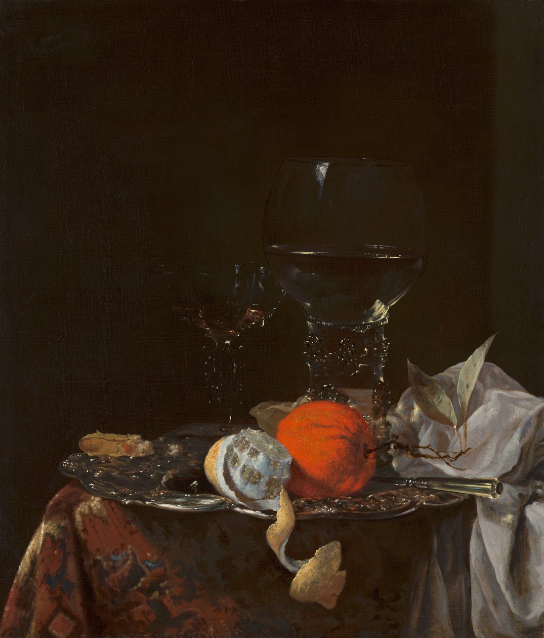 Bodegón con frutas y vasos en una bandeja de plata de Willem Kalf