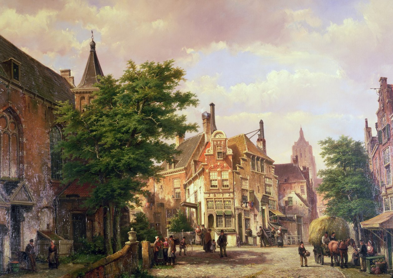 Figuras en una encrucijada en Ámsterdam de Willem Koekkoek