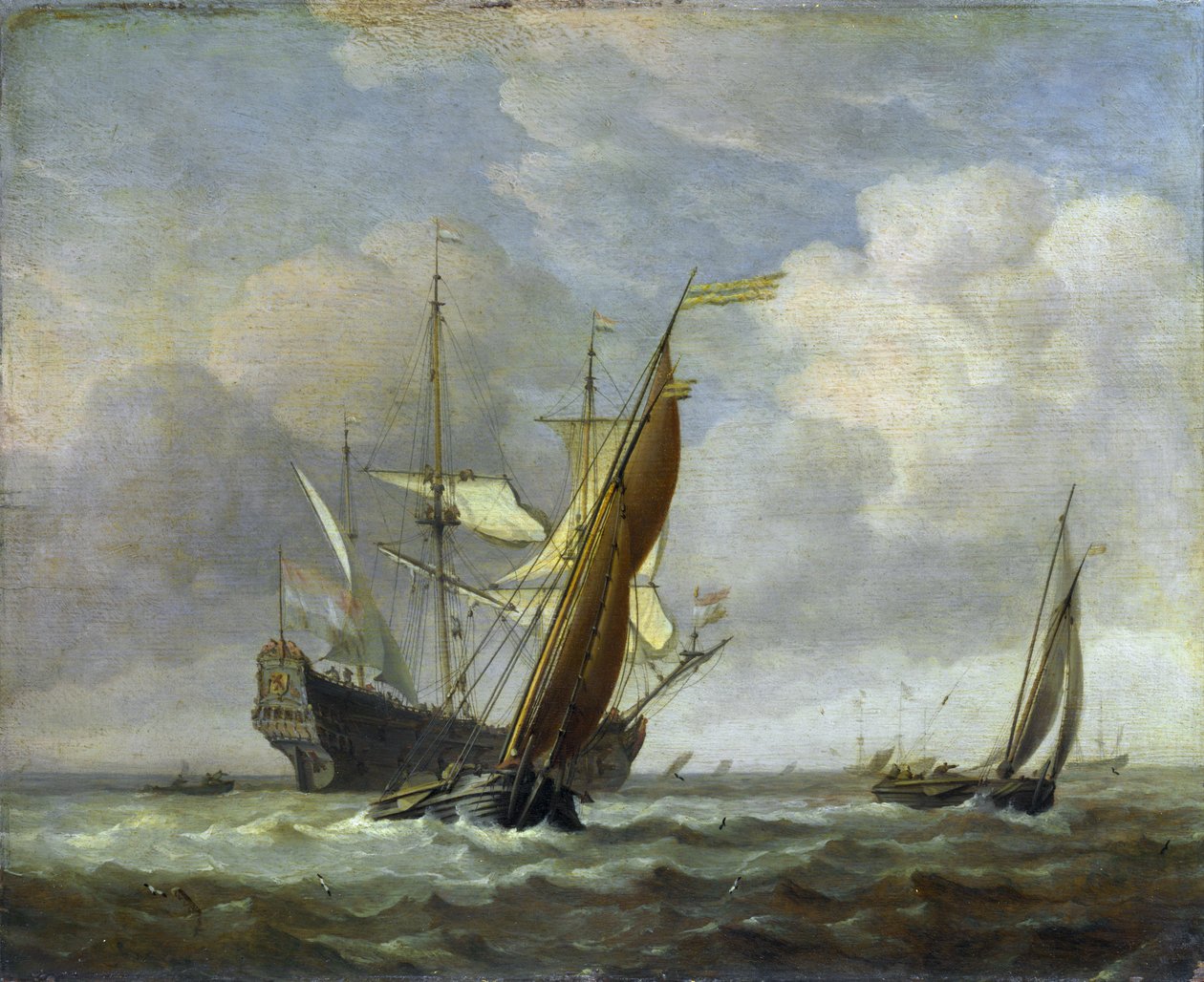 Dos pequeños barcos y un buque de guerra holandés con brisa de Willem van de Velde the Younger