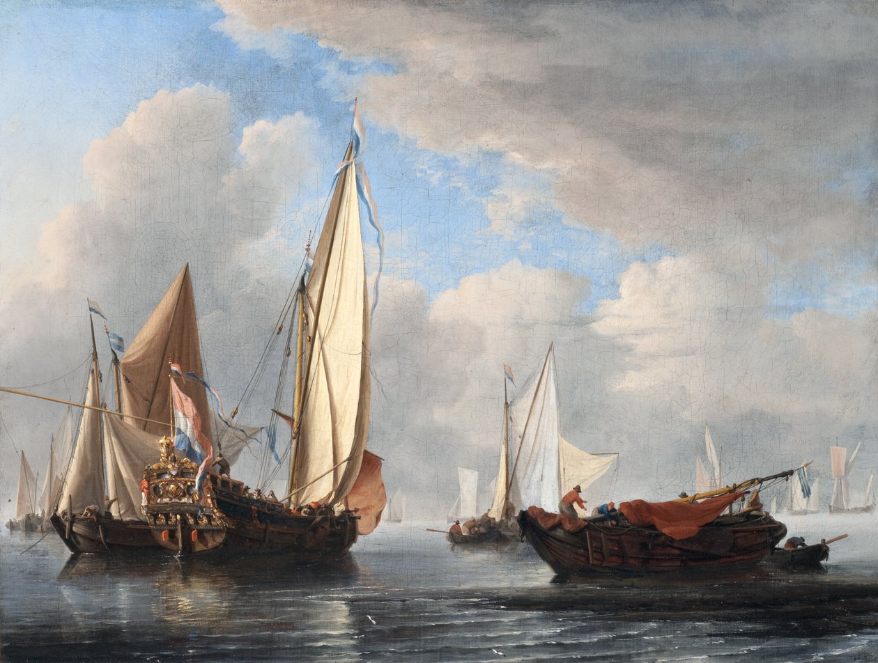 Un yate y otros barcos en calma de Willem van de Velde the Younger