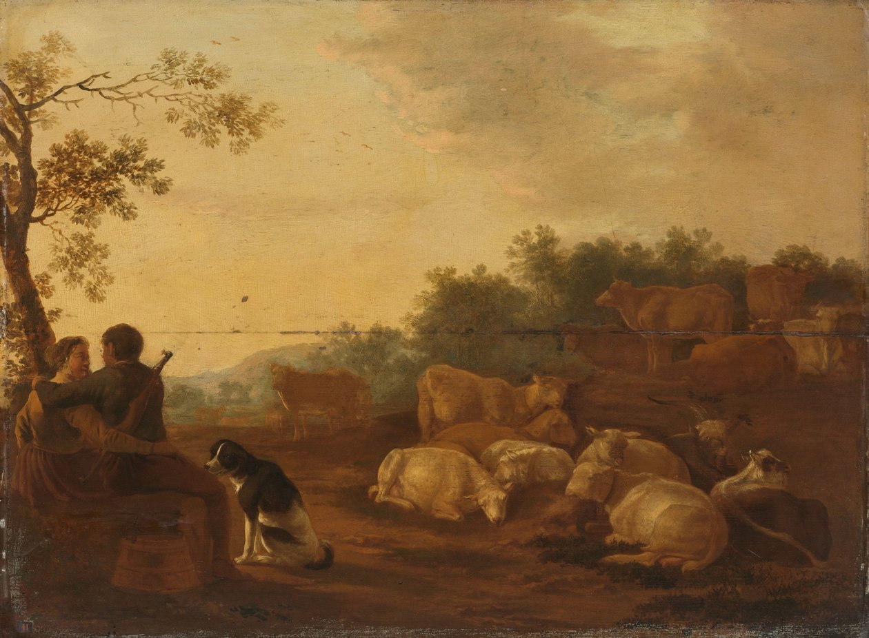 Paisaje con pastor, pastora y ganado de Willem Ossenbeeck