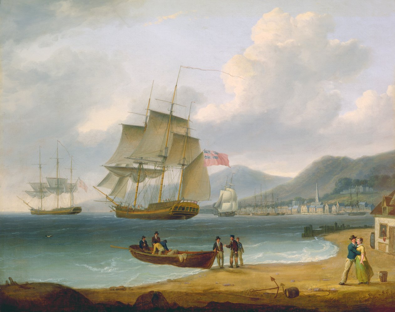 Barcos mercantes a vela y anclados frente a una ciudad de William Anderson