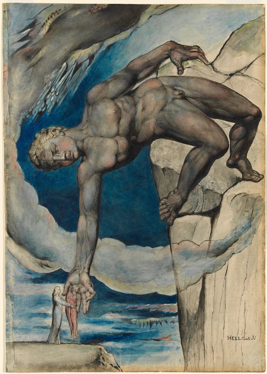Antaeus colocando a Dante y Virgilio en el último círculo del infierno de William Blake