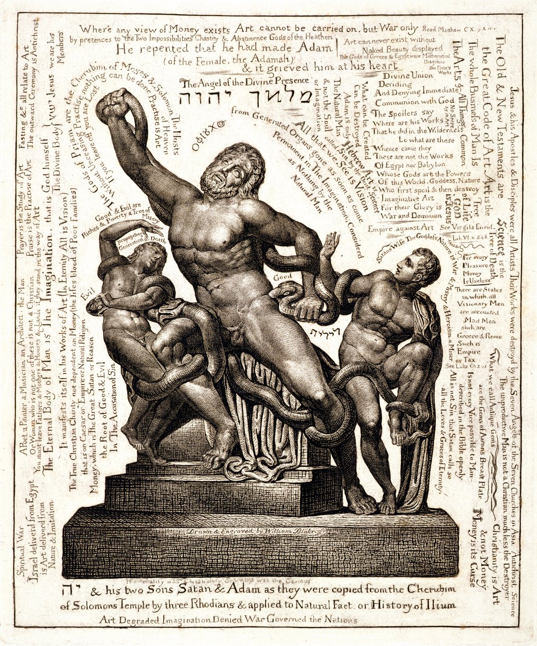 El Laocoonte como Jehová con Satanás y Adán, c.1820 (grabado en línea) de William Blake
