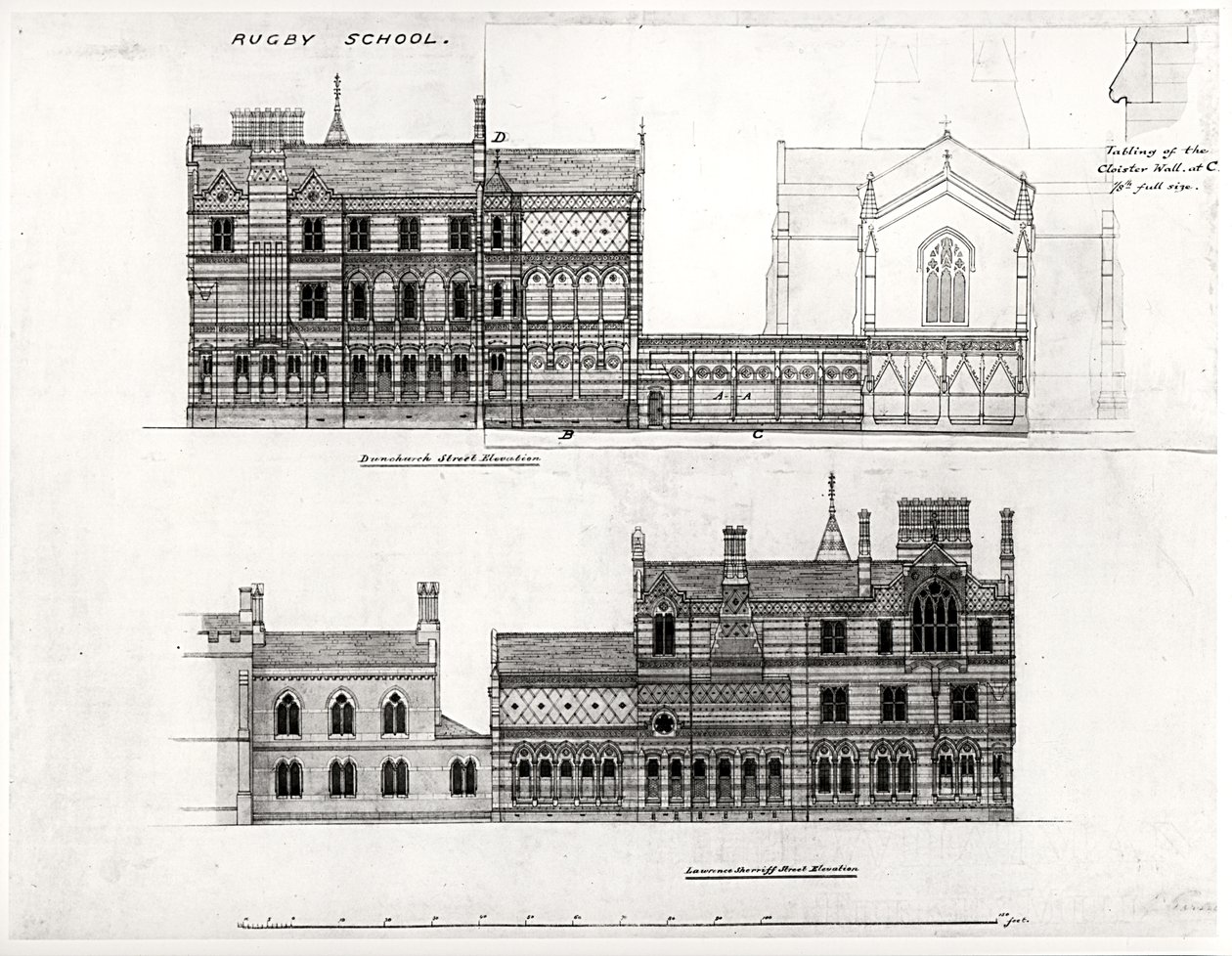 Elevaciones oeste y norte, Nueva Escuela, Rugby School, 1867 de William Butterfield