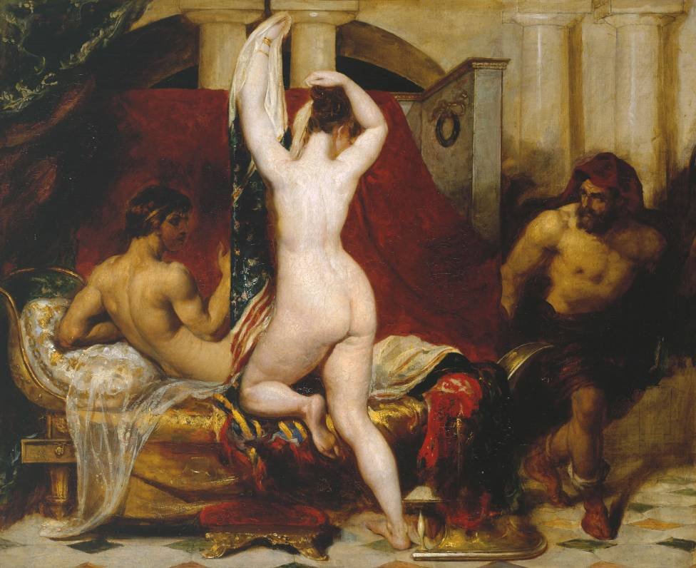 Candaules, rey de Lidia, muestra a su mujer a escondidas a Giges, uno de sus ministros, mientras se va a la cama. Esta imagen ilustra la versión de Heródoto del cuento de Giges. de William Etty