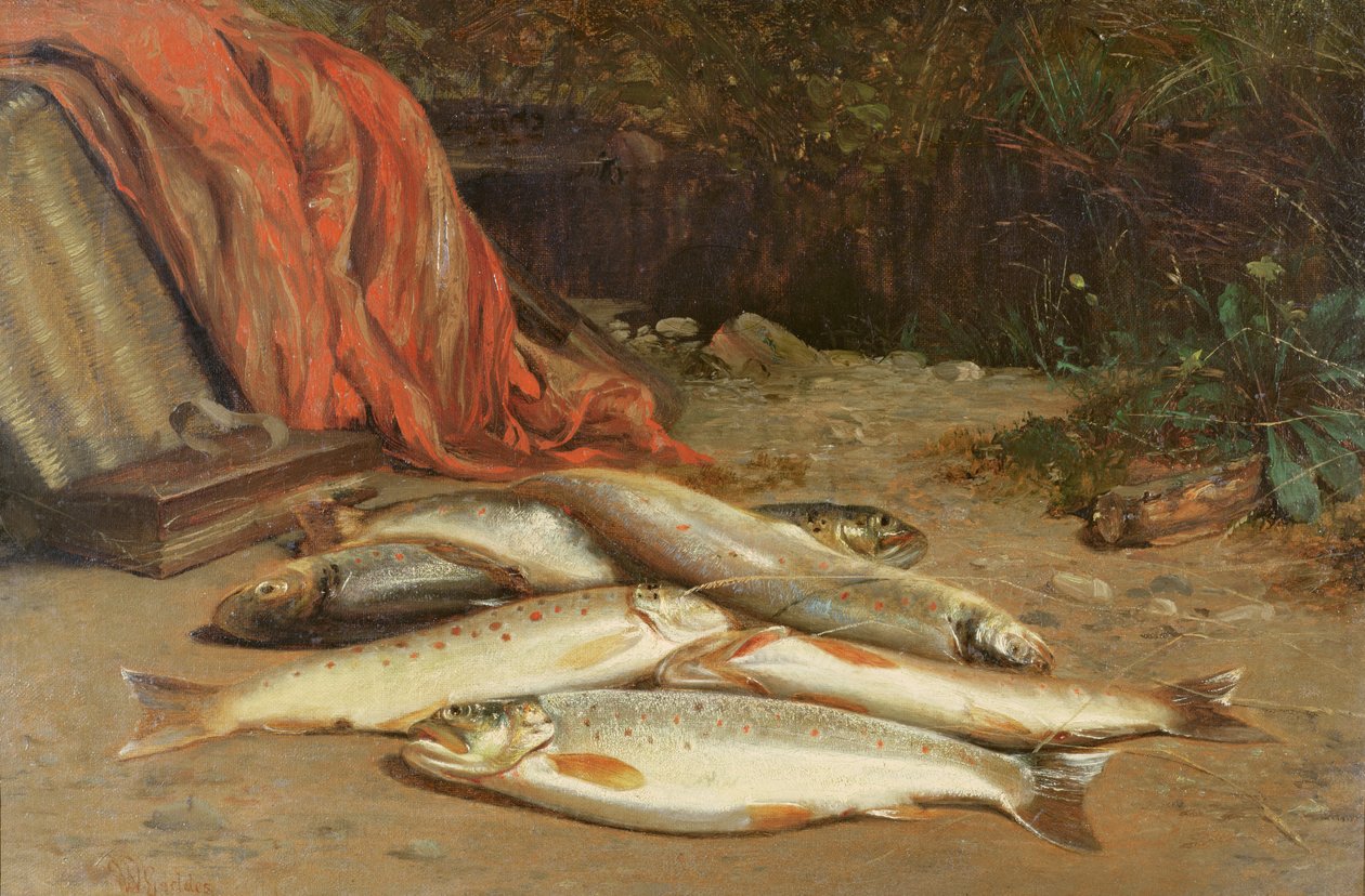 Trucha marrón en la orilla de un río de William Geddes