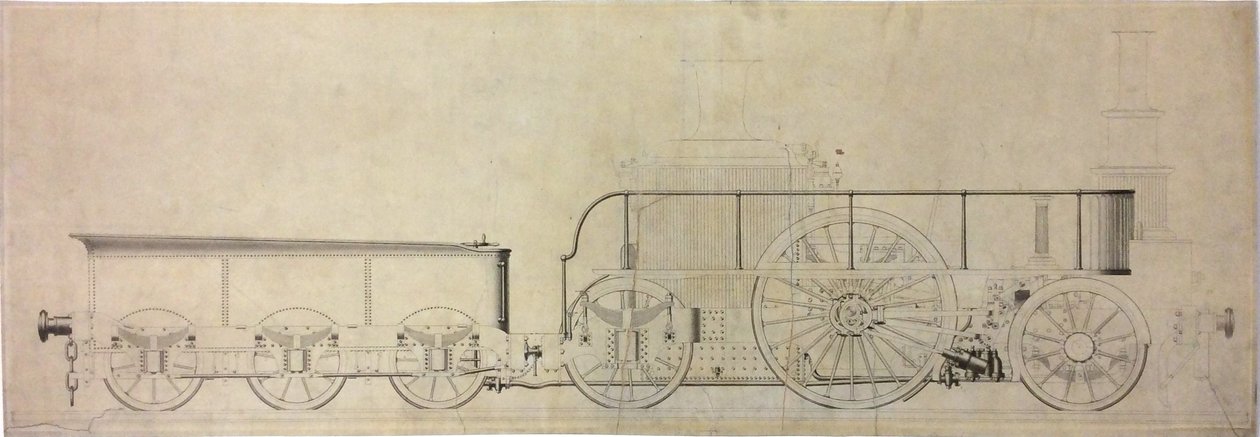 Dibujo de construcción de locomotora experimental de condensación, antes de 1848 de William George Armstrong