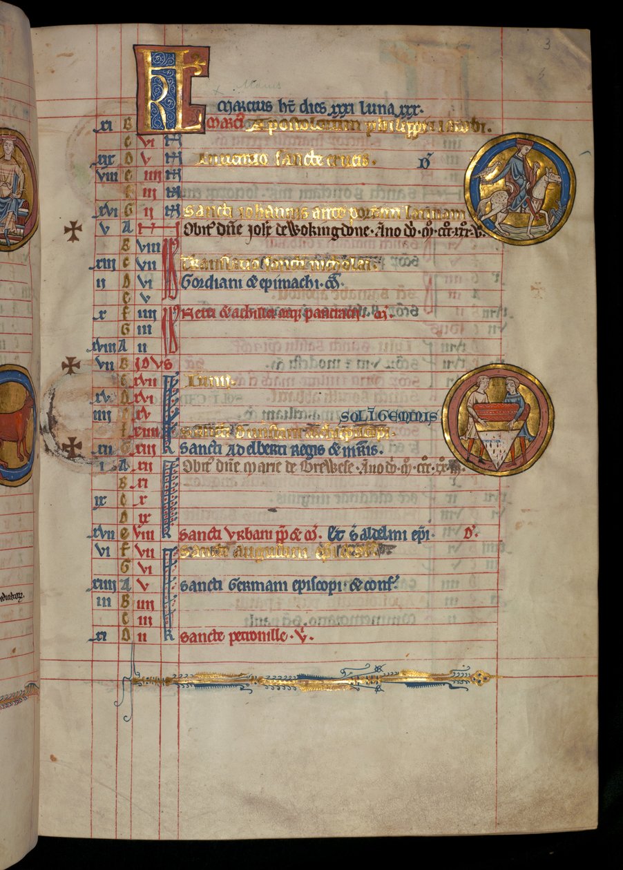 Ms 322 f.3r, Mayo, un hombre cazando con halcón, ilustración del 