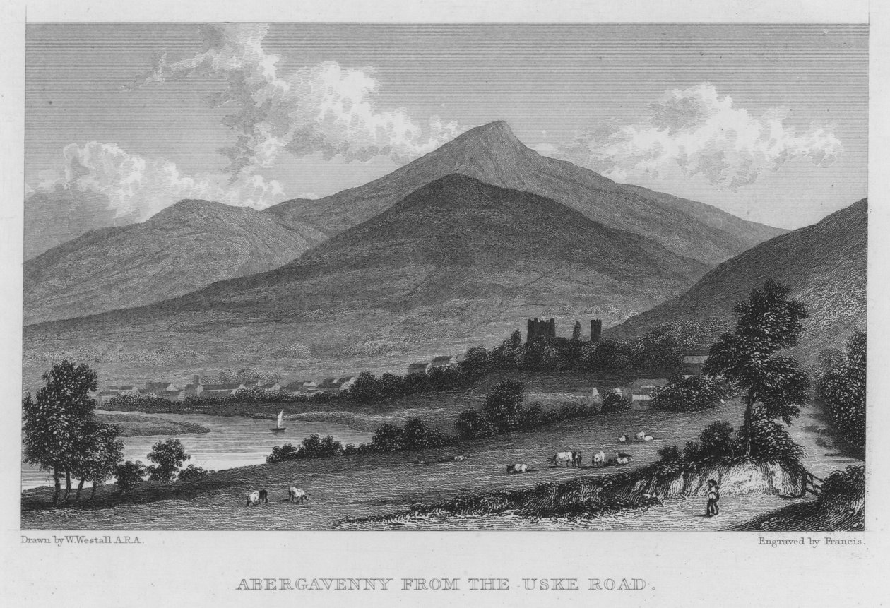 Abergavenny desde la carretera de Uske (grabado) de William (after) Westall