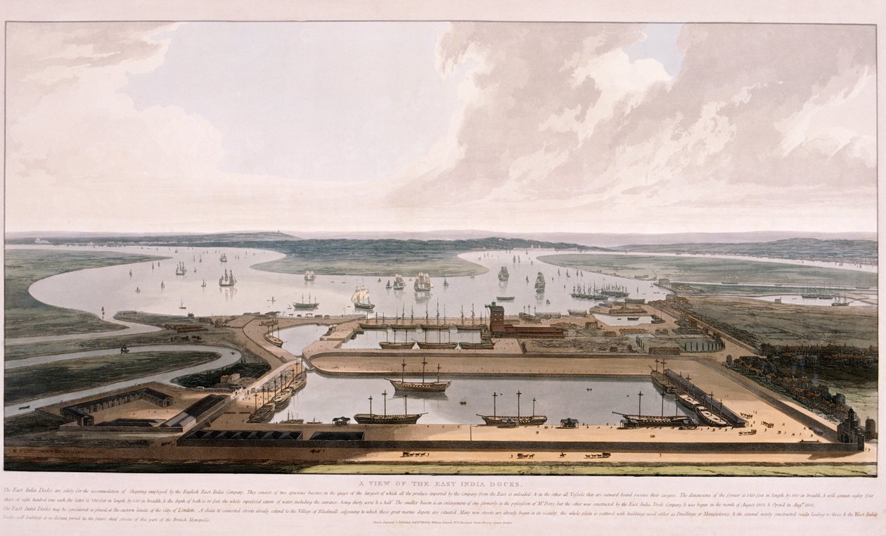 Muelles de la India Oriental, Poplar, Londres, 1808 de William Daniell