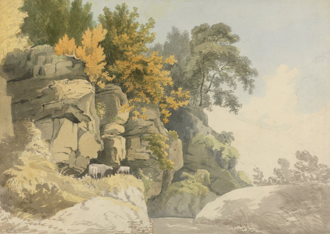 Rocas arboladas junto a un arroyo (Derbyshire?) de William Day