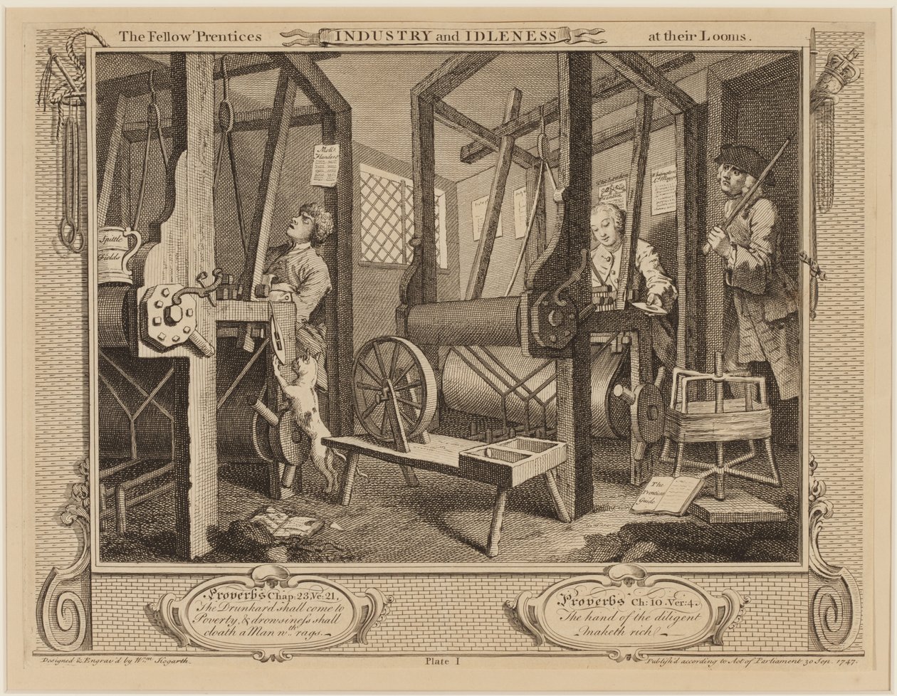 Los compañeros aprendices en sus telares de William Hogarth