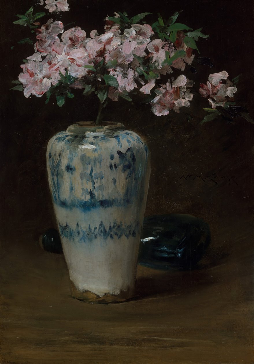 Azalea rosa en jarrón chino de William Merritt Chase
