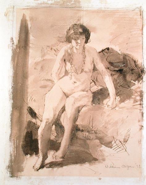 Una niña desnuda sentada en una cama de William Orpen