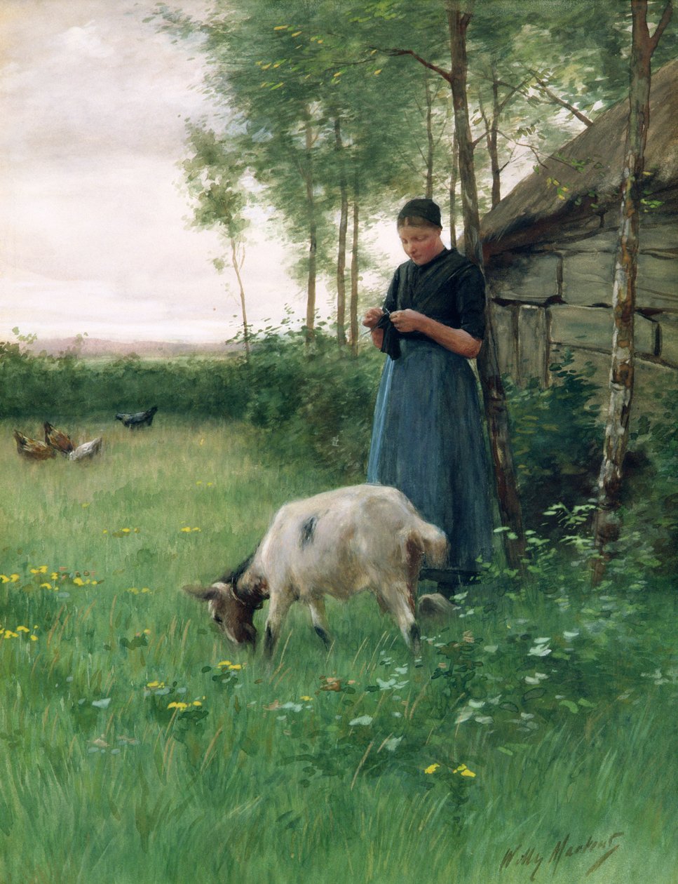Una niña holandesa con cabra y gallinas, c.1910 de Willy Martens