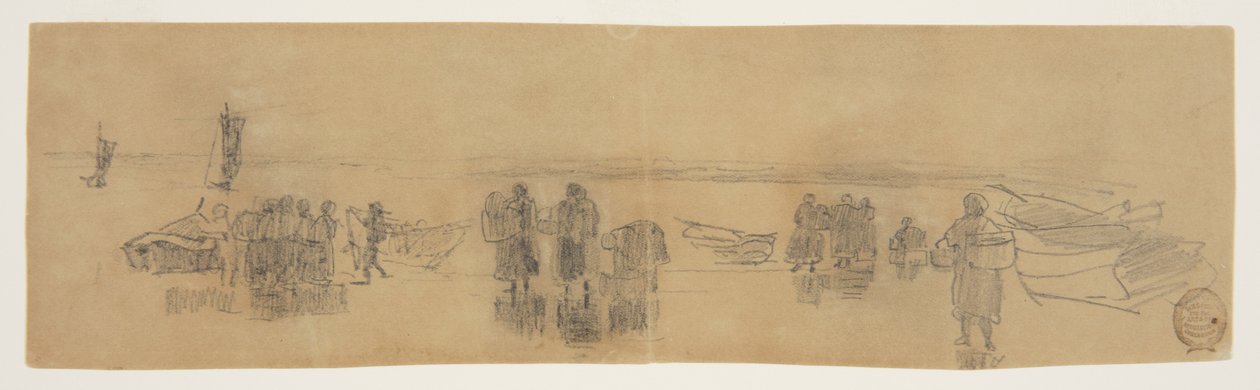 Playa con Cuatro Barcos de Pesca, Cullercoats, Inglaterra de Winslow Homer