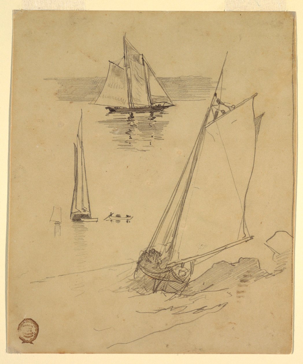 Dibujo, Tres bocetos de goletas, probablemente 1880 de Winslow Homer