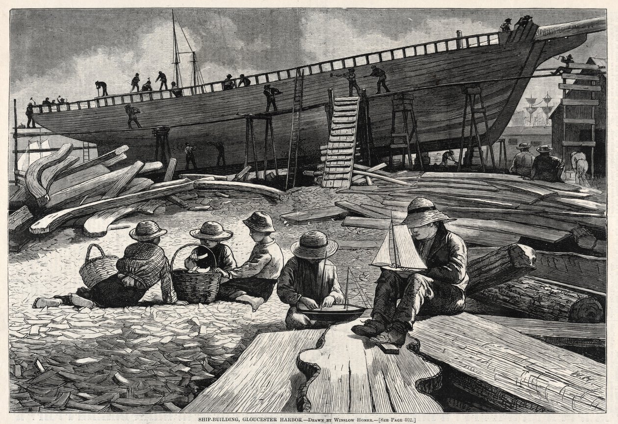 Construcción de barcos, puerto de Gloucester, 1873. de Winslow Homer