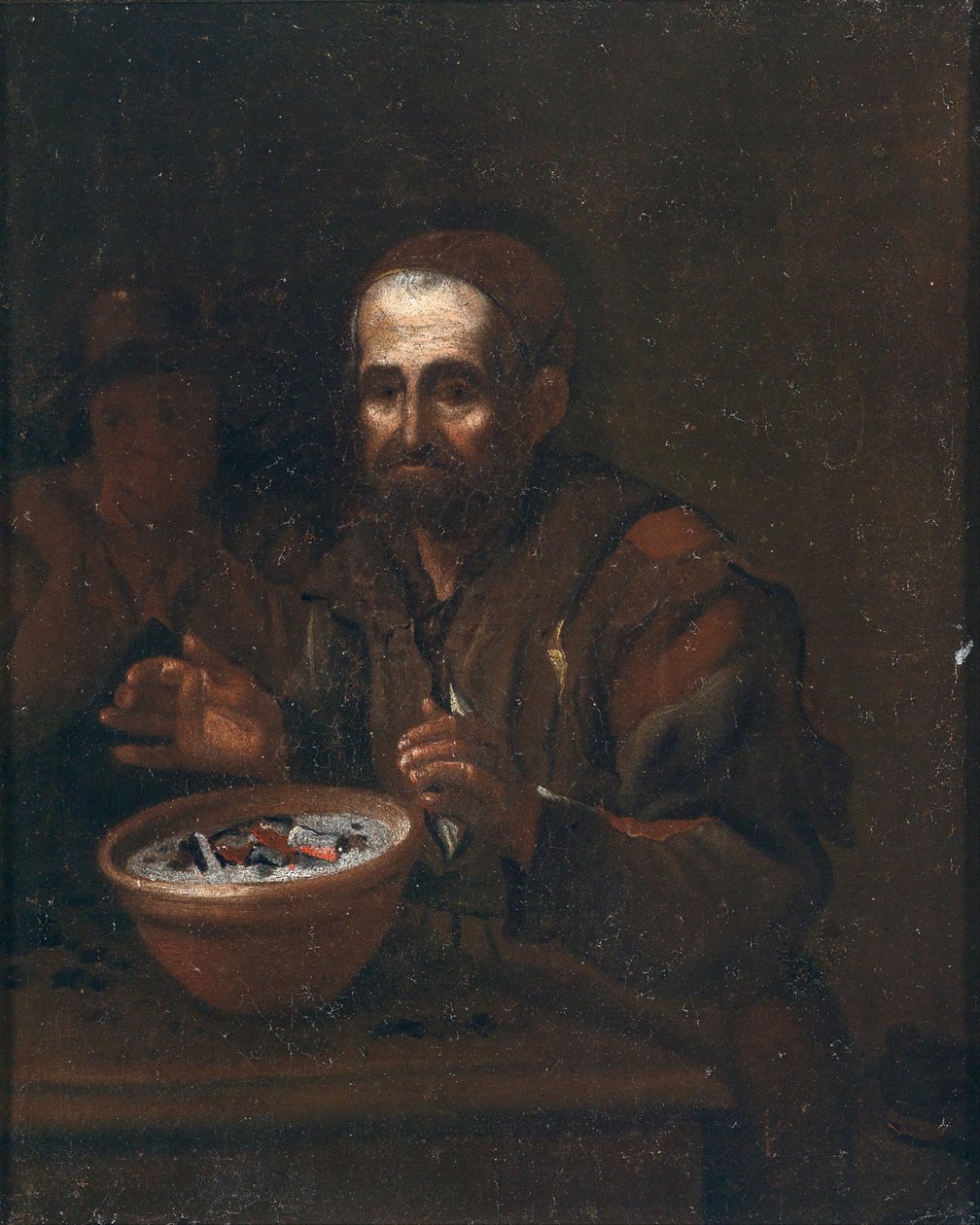 Un anciano calentándose en un fuego de carbón de Workshop of Michiel Sweerts
