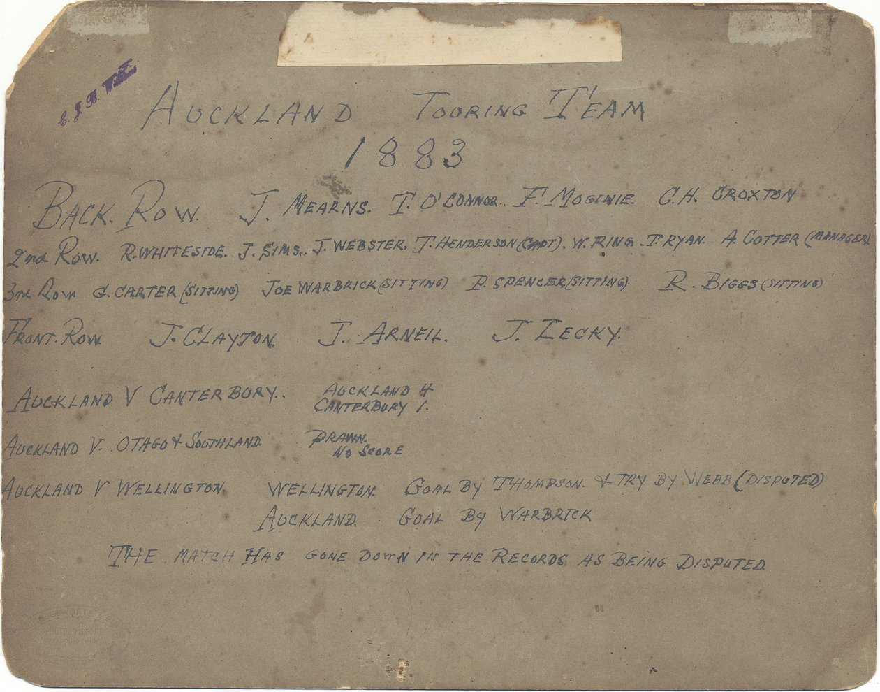 Equipo de gira de Auckland, 1883 de Wrigglesworth and Binns