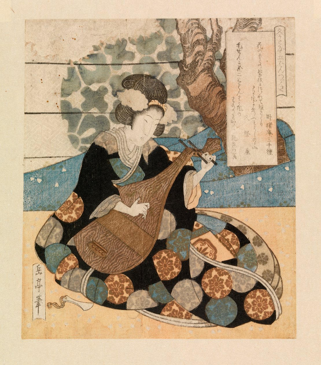 Dama tocando un instrumento, c.1804-40 (xilografía en color) de Yashima Gakutei
