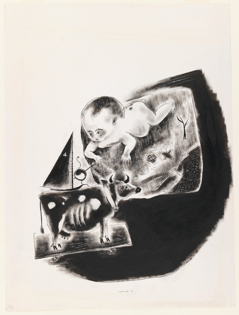 Bebé y vaca de juguete de Yasuo Kuniyoshi