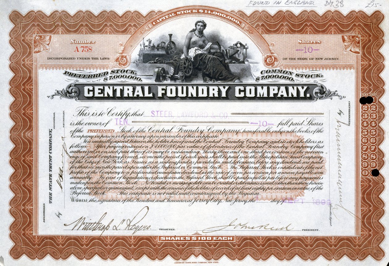 Certificado de acciones de la Fundición Central, Brasil de Frederick (attr. to) Barnard