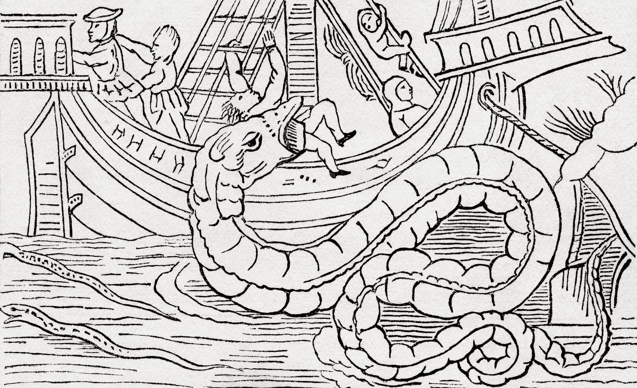 Hombre siendo devorado por una serpiente marina de . .