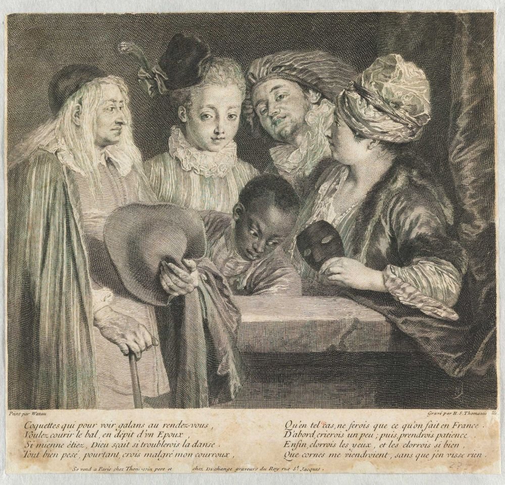 Coquetas que para ver galanes en la cita de Jean Antoine Watteau