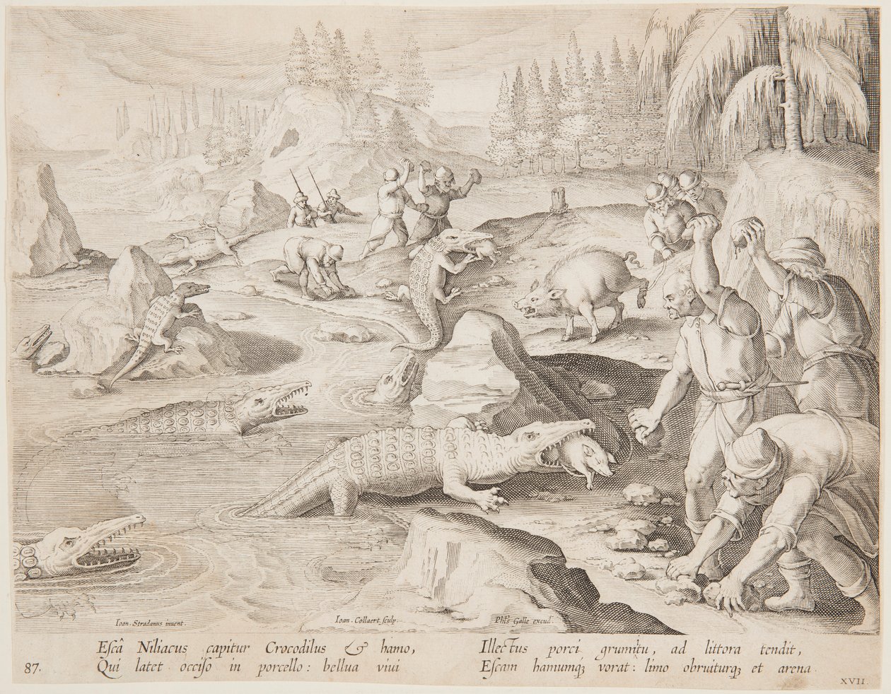 Caza de cocodrilos de after Jan van der Straet, called Stradanus