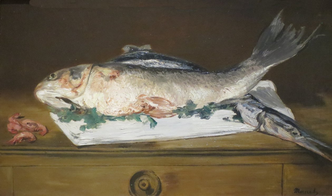 Naturaleza muerta, salmón, lucio y camarones de Édouard Manet