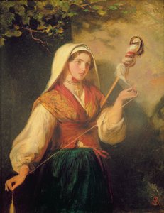 Joven mujer hilando lana