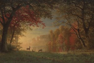 Puesta de sol india: ciervos junto a un lago, c.1880-90